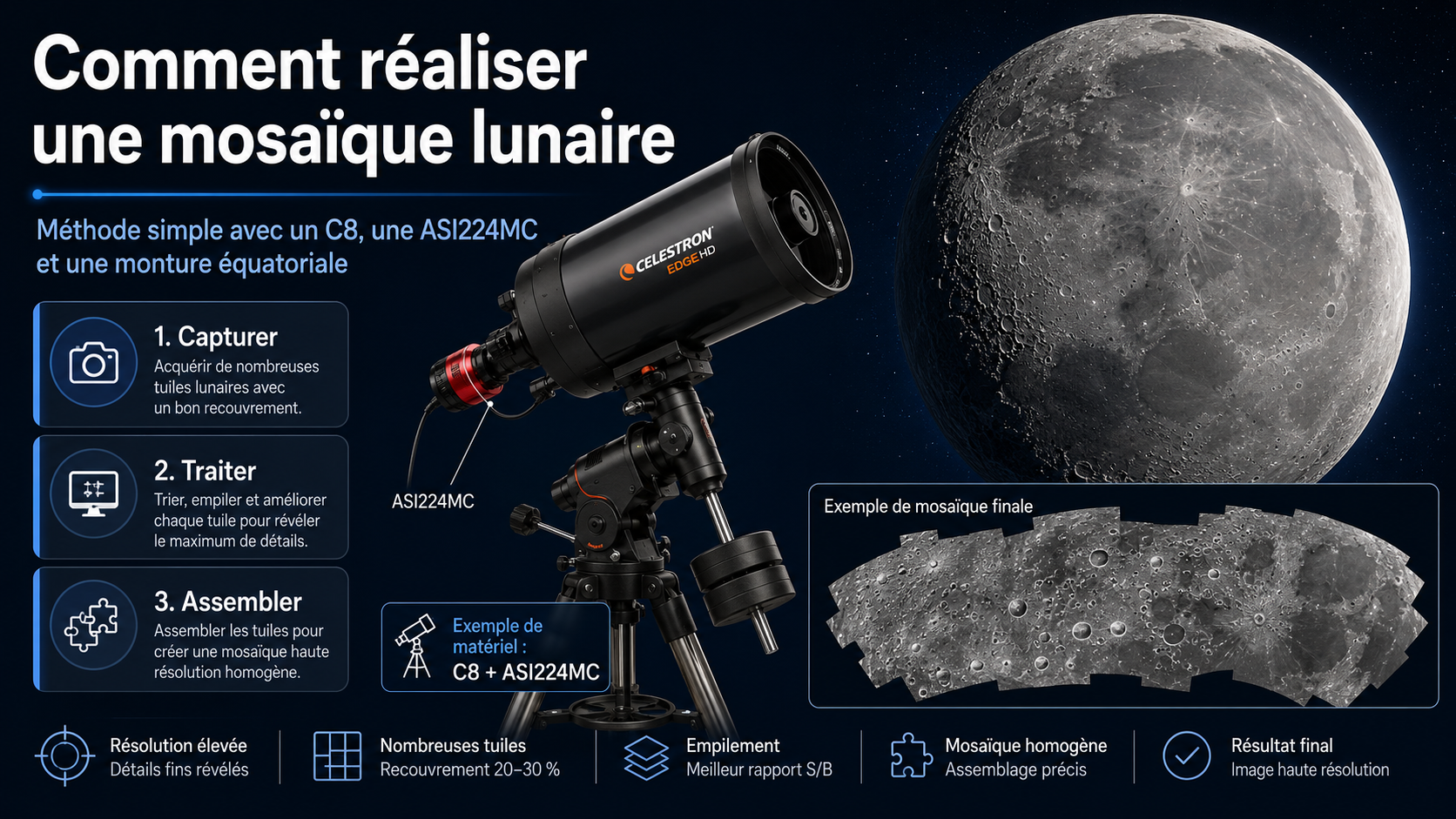 Infographie d’introduction montrant un C8, une caméra ASI224MC et une mosaïque lunaire finale