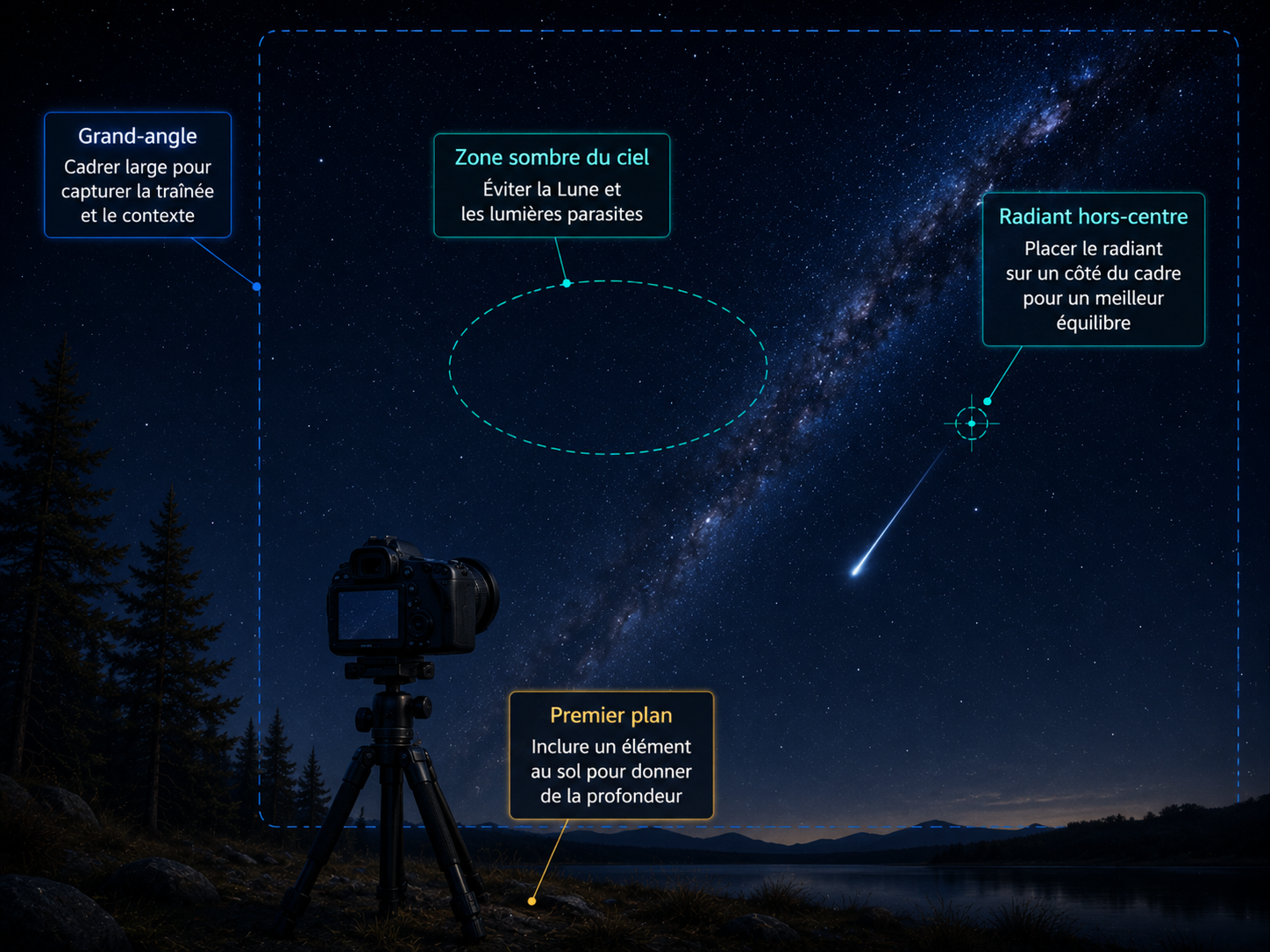 Appareil photo sur trépied sous un ciel étoilé montrant les principes de cadrage pour photographier les météores.