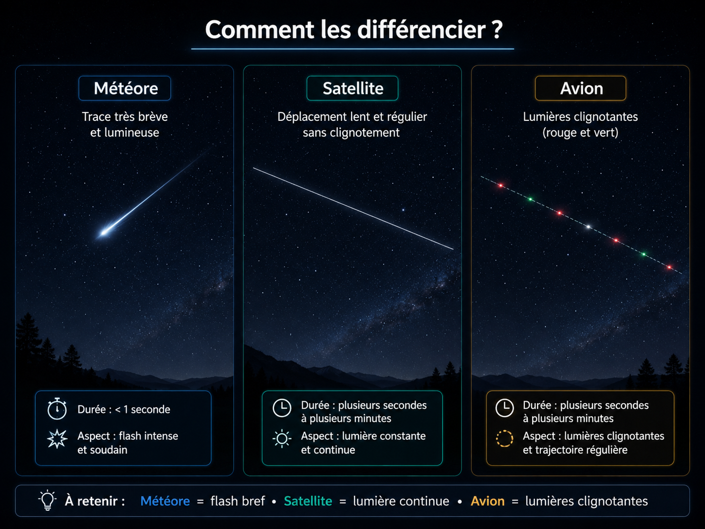 Comparaison visuelle entre météore, satellite et avion dans le ciel nocturne.