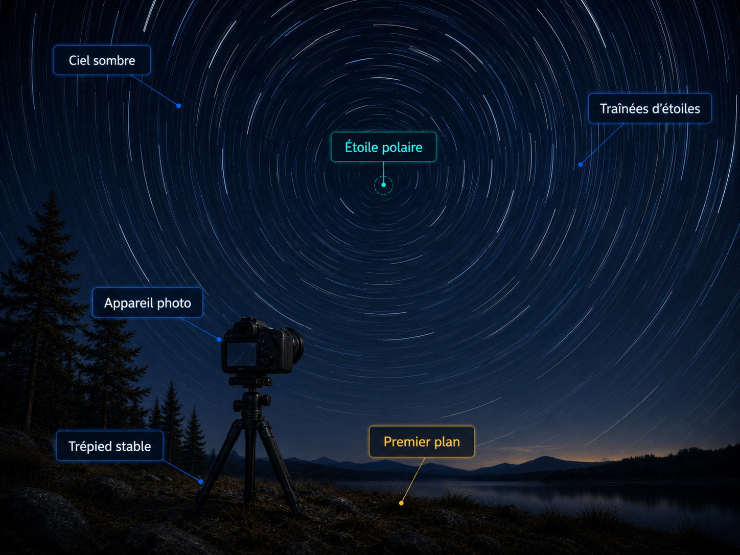 Illustration pédagogique d’un ciel en startrail avec appareil photo sur trépied.