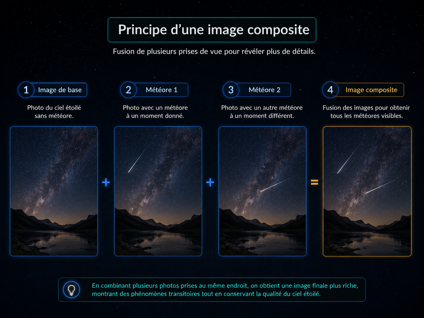 Principe d’une image composite : image de base, images avec météores et résultat final combiné.