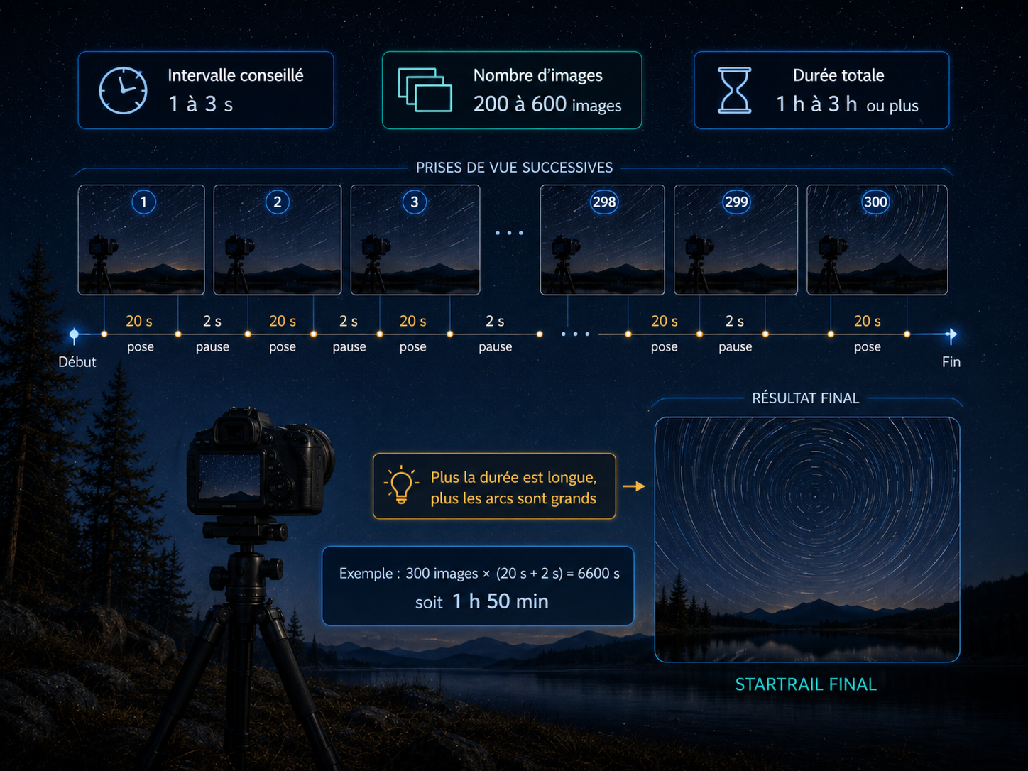 Infographie montrant intervalle conseillé, nombre d’images et durée totale pour un startrail.