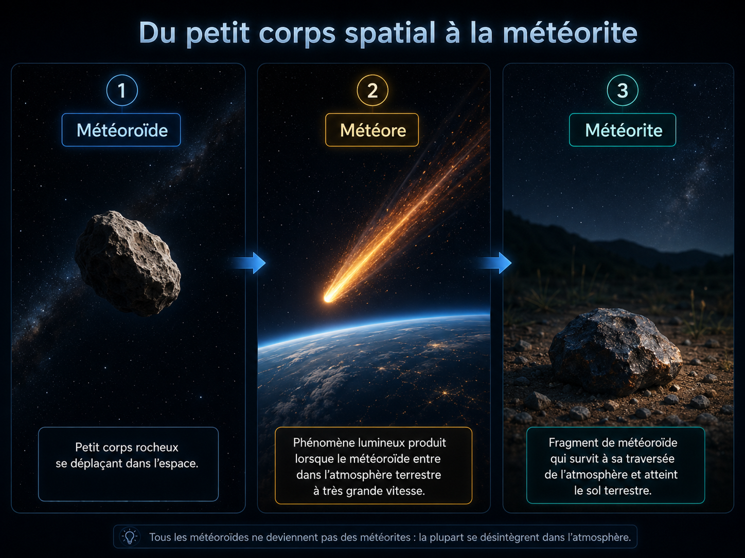 Illustration en trois étapes : météoroïde dans l’espace, météore dans l’atmosphère, météorite au sol.