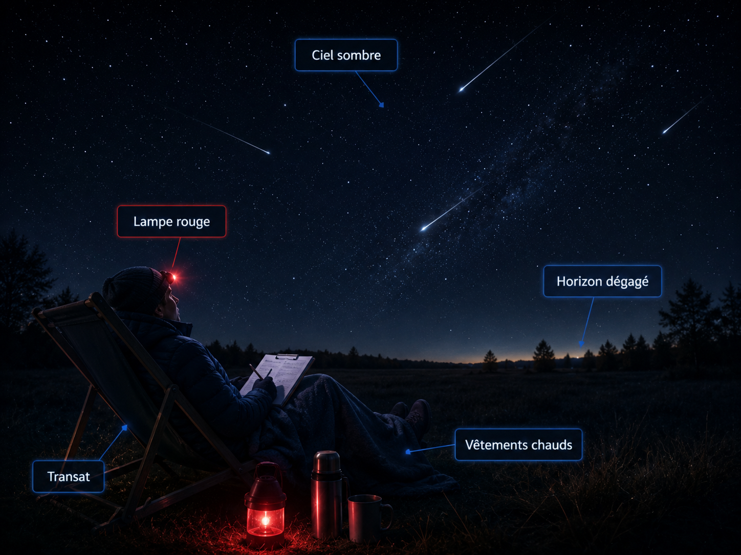 Observateur installé en transat sous un ciel sombre avec lampe rouge, vêtements chauds et horizon dégagé.