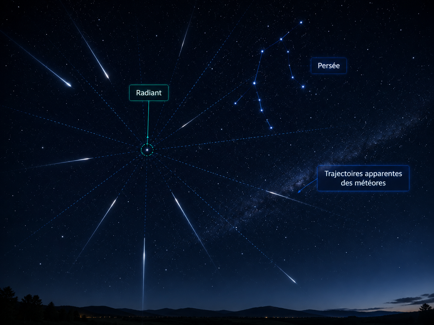 Ciel étoilé montrant des météores dont les trajectoires apparentes convergent vers le radiant de Persée.
