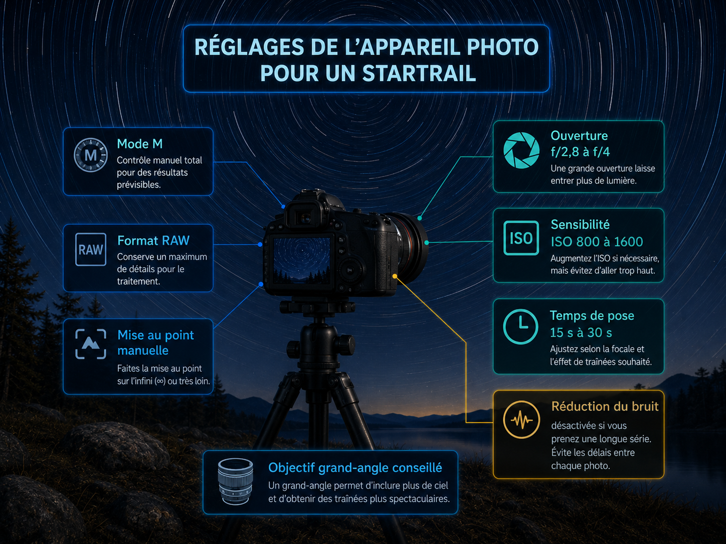 Infographie sur les réglages de l’appareil photo pour un startrail.