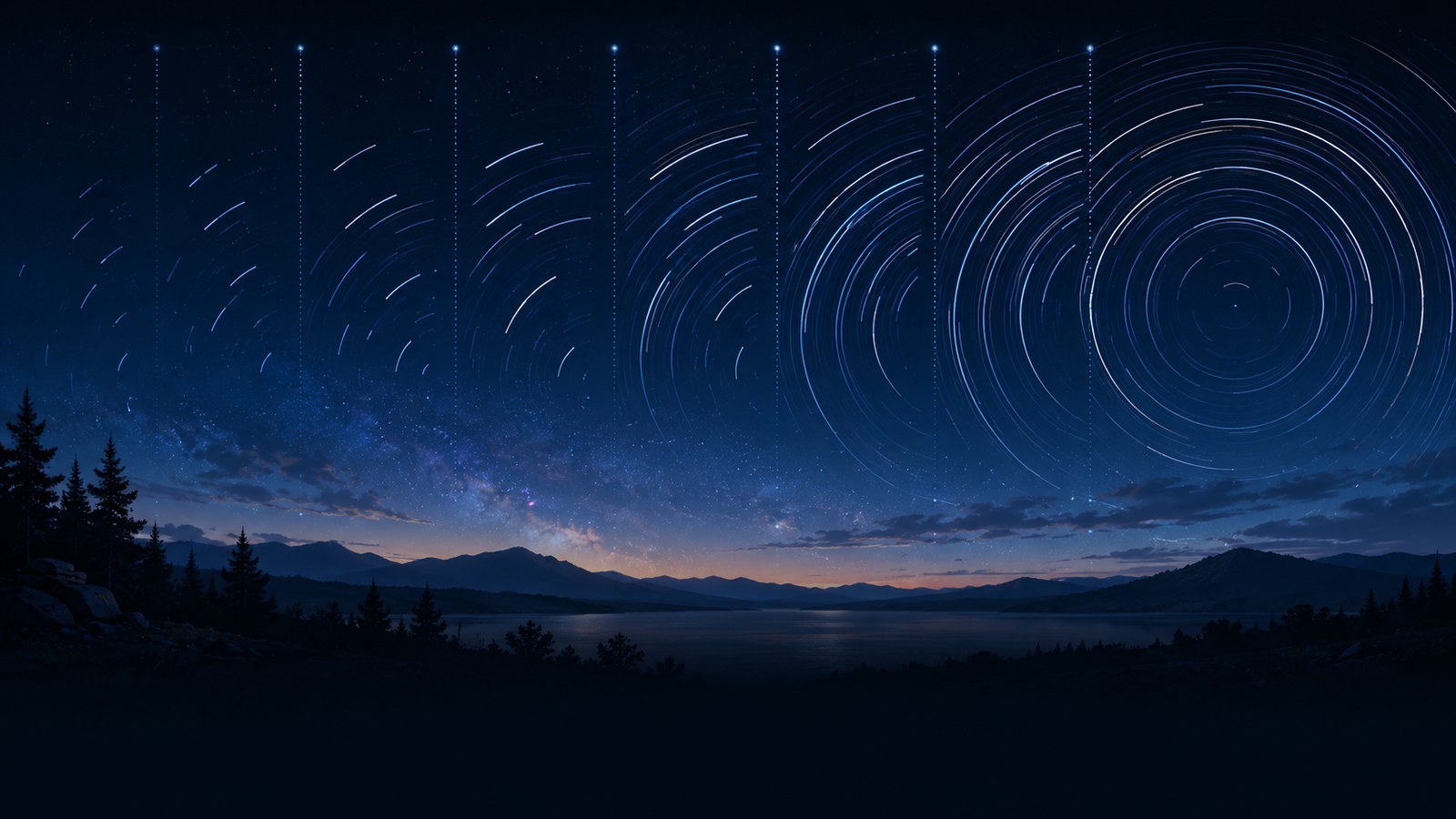 Illustration IA de la progression startrail : traînées qui se construisent