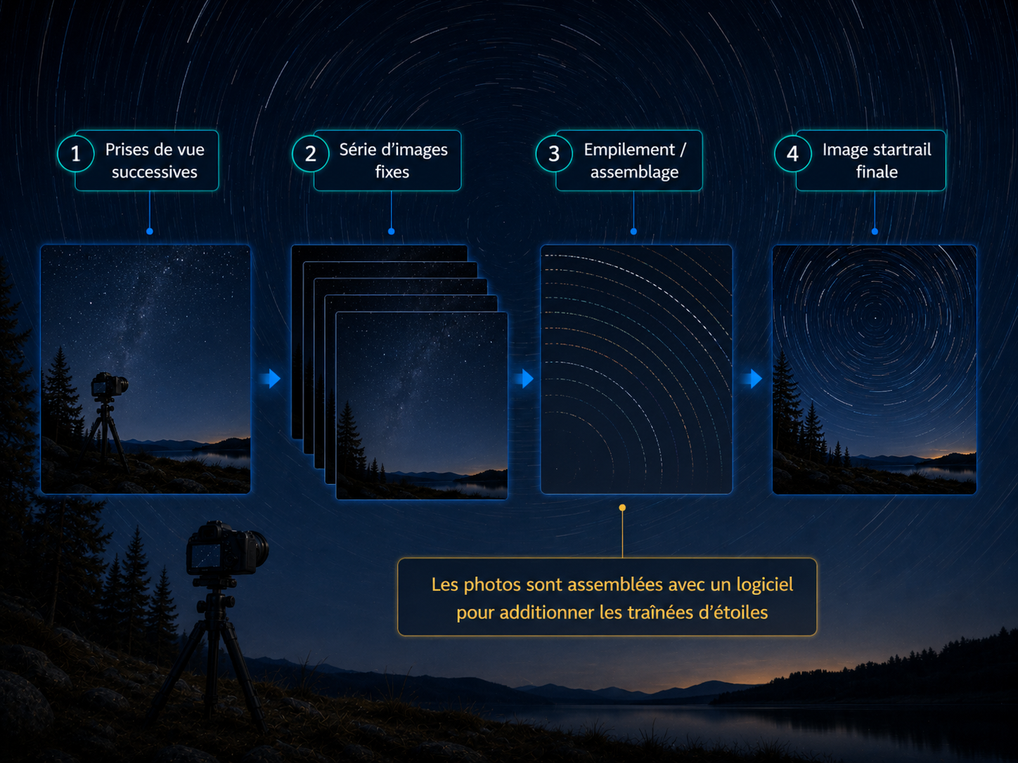 Infographie montrant les étapes de création d’un startrail final.